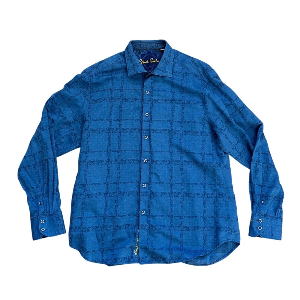 Robert Graham Blue Jacquard Linen Cotton Button Down Shirt Classic Fit XL